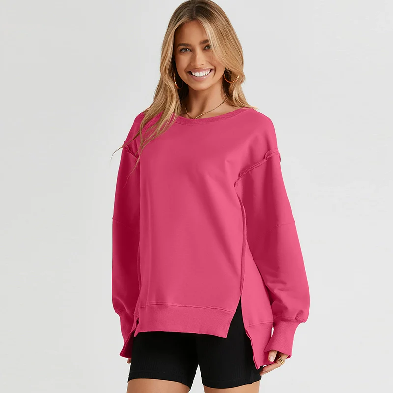 Sweatshirt Fashion Side Slit Pure Color Burr Pullover - Image 11
