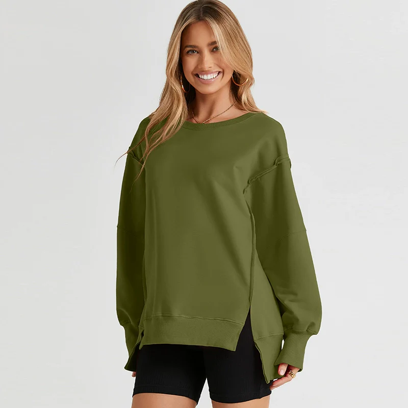Sweatshirt Fashion Side Slit Pure Color Burr Pullover - Image 15