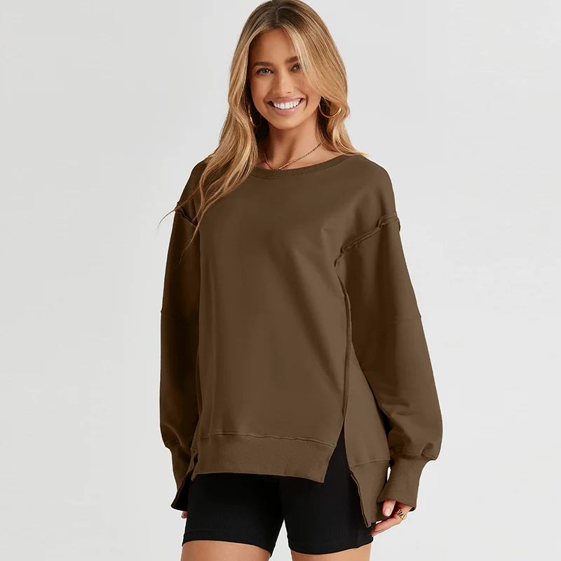 Sweatshirt Fashion Side Slit Pure Color Burr Pullover - Image 17