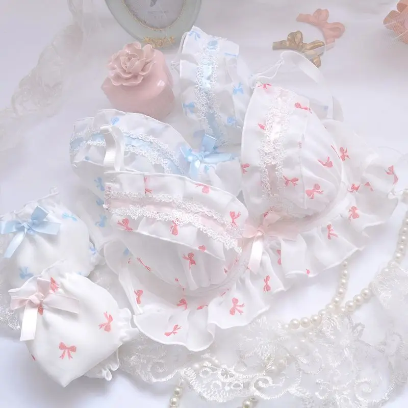 Sweet little fresh deep V thin cup underwear hollow flowers embroidery bra set with large size lingerie with underpants suit - Image 4