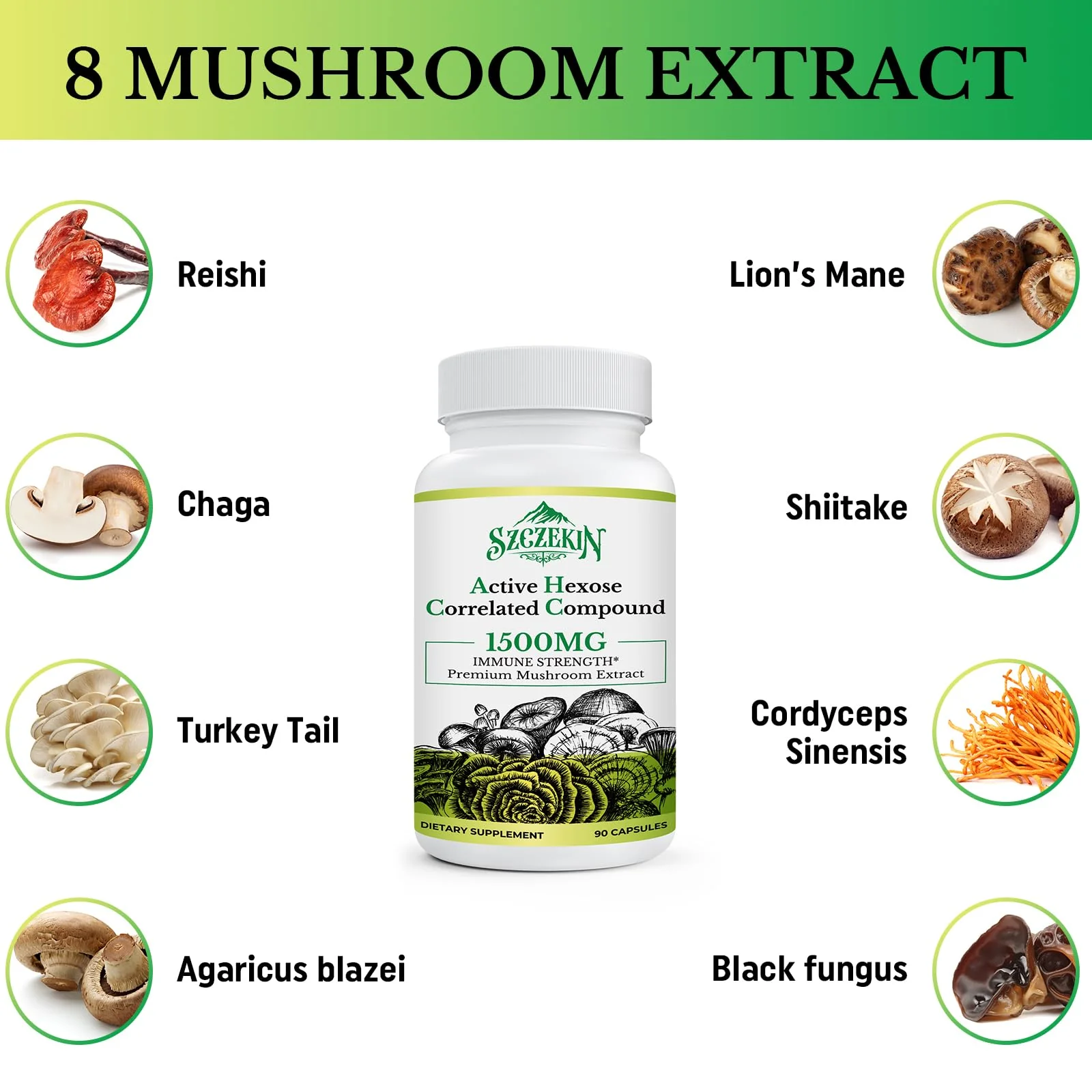 SZCZEKIN Active Hexose Correlated Compound 1500 mg Supplement, Natural 8 Mushroom Extract Supplement, Immune System, Liver Function, Natural Killer and T Cells Activity, 180 Veggie Capsules - Image 2