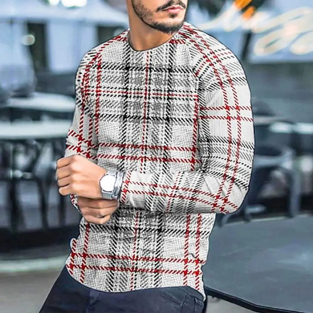 T-shirt Long Sleeve Slim Top Cotton Blend Men Stripe Plaid Print Male Pullover Sweater for Autumn Men clothing Casual Streetwear - Image 3