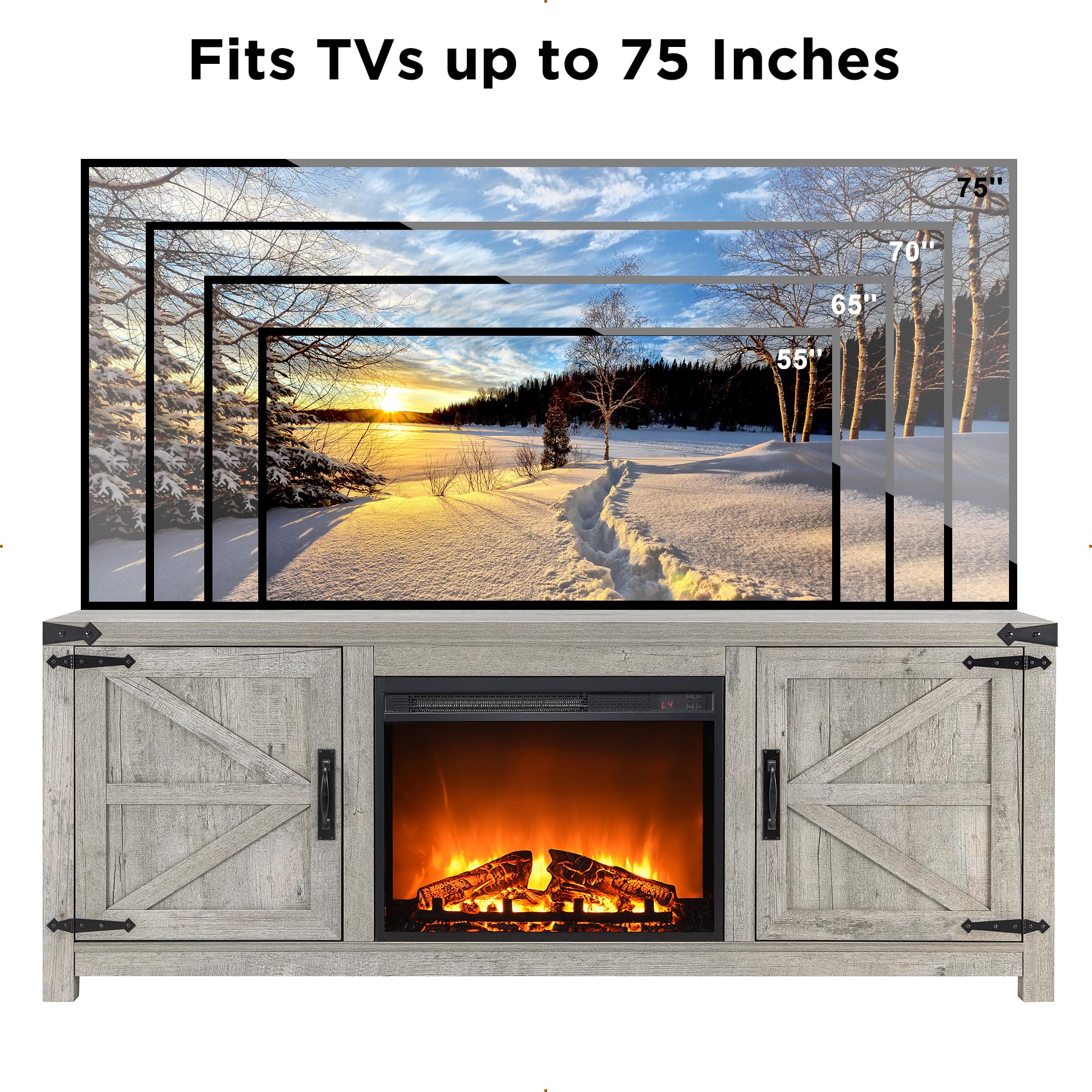 T4TREAM Fireplace TV Stand for 75 Inch TV, Farmhouse Barn Door Media Console, Entertainment Center with 23" Electric Fireplace Remote Control,for Living Room, 66 Inch, Light Rustic Oak - Image 4