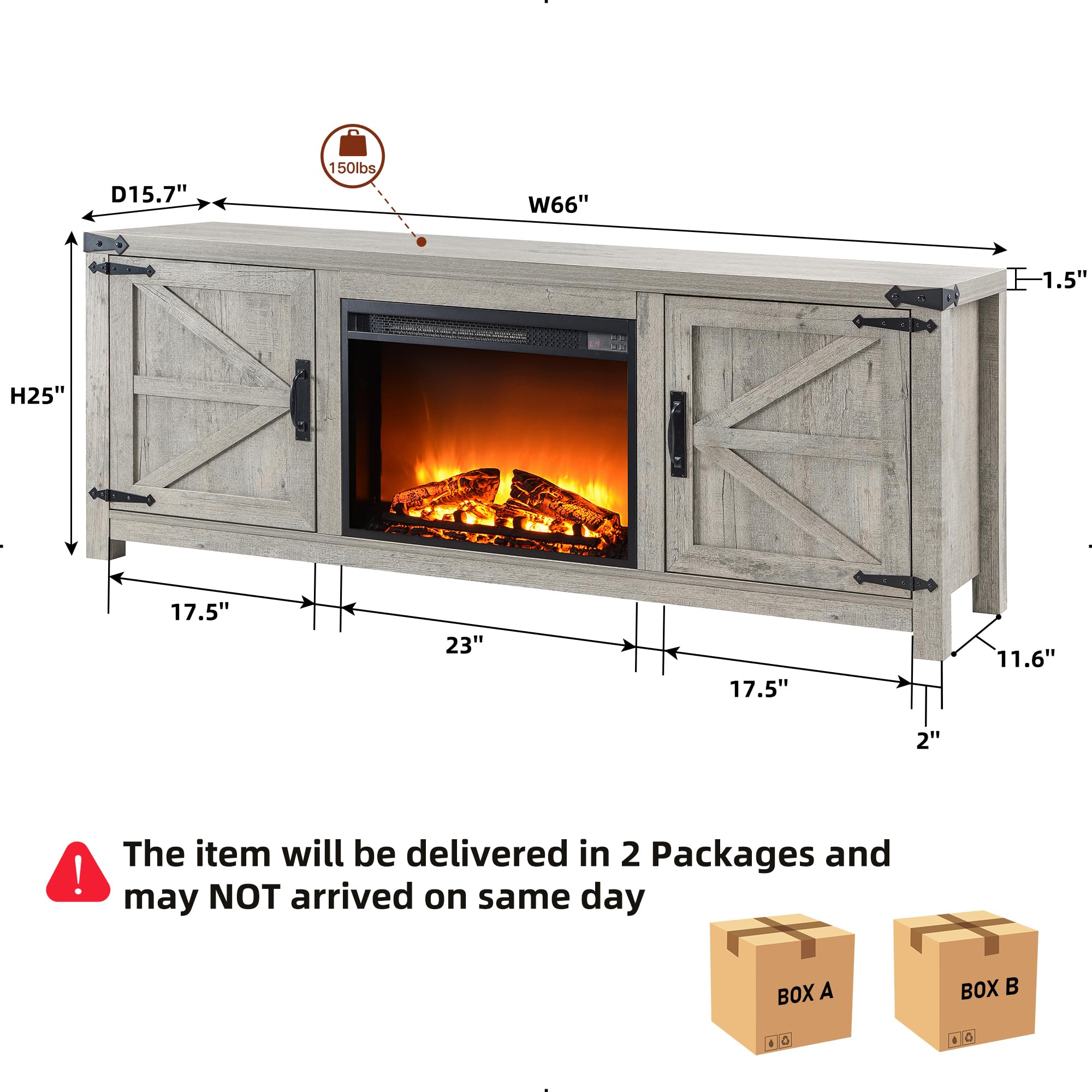 T4TREAM Fireplace TV Stand for 75 Inch TV, Farmhouse Barn Door Media Console, Entertainment Center with 23" Electric Fireplace Remote Control,for Living Room, 66 Inch, Light Rustic Oak - Image 5