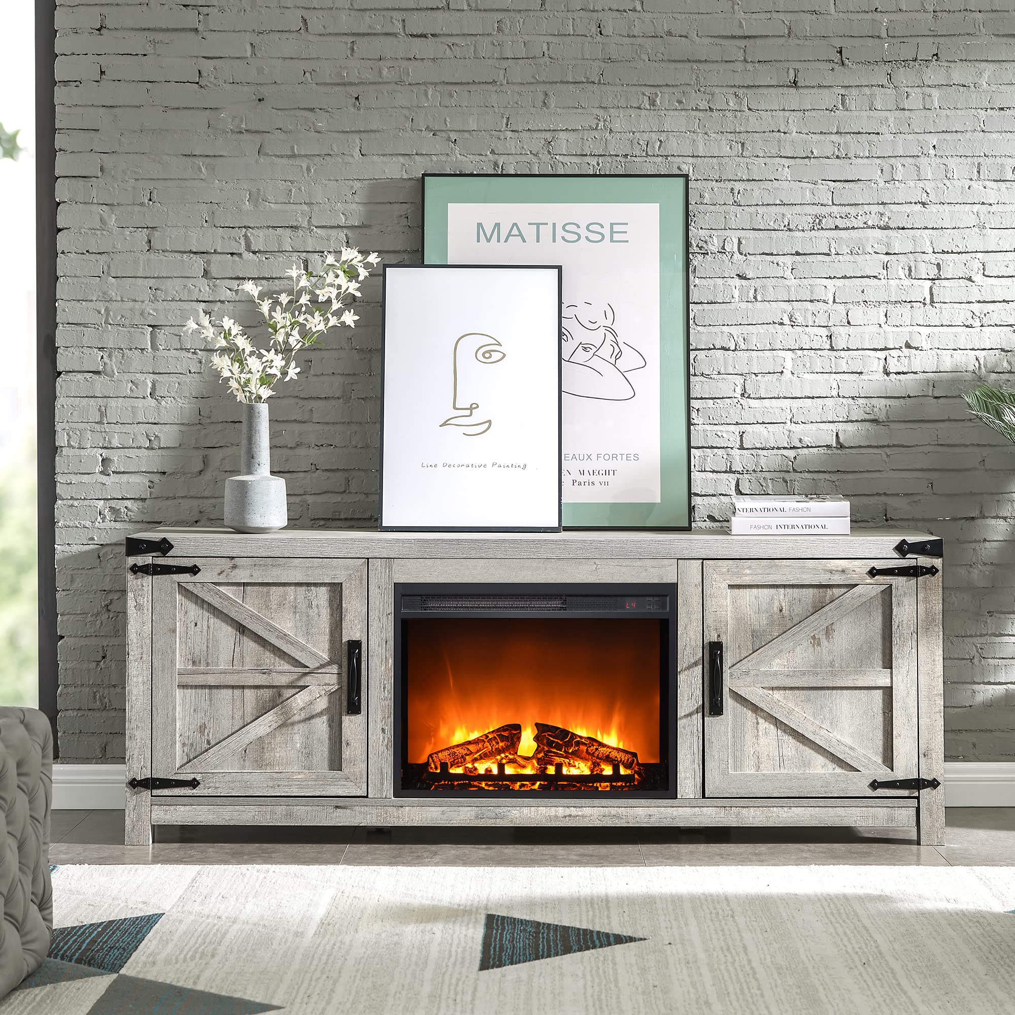 T4TREAM Fireplace TV Stand for 75 Inch TV, Farmhouse Barn Door Media Console, Entertainment Center with 23" Electric Fireplace Remote Control,for Living Room, 66 Inch, Light Rustic Oak - Image 7