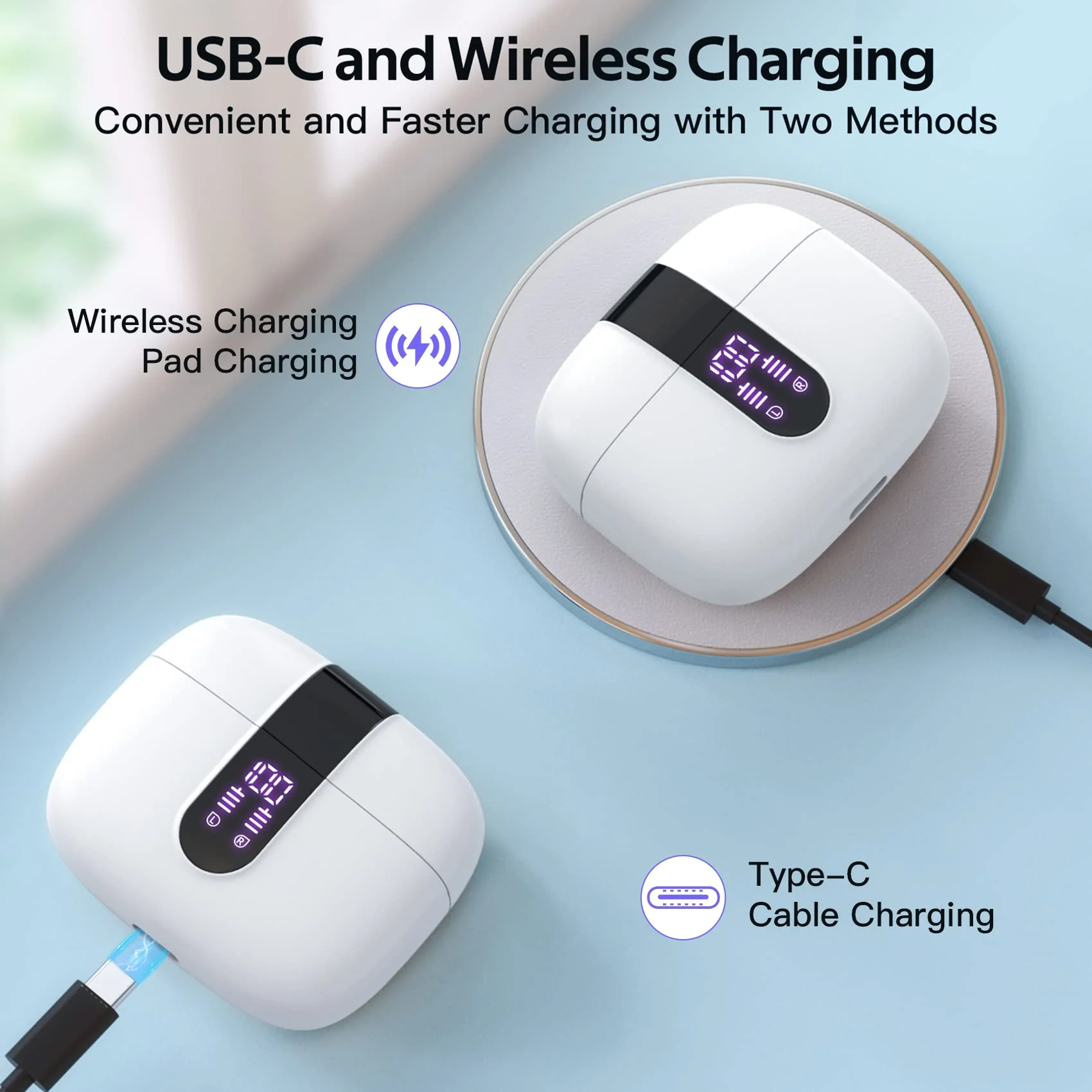 TAGRY Bluetooth Headphones True Wireless Earbuds 60H Playback LED Power Display Earphones with Wireless Charging Case IPX5 Waterproof in-Ear Earbuds with Mic for TV Smart Phone Computer Laptop Sports - Image 6