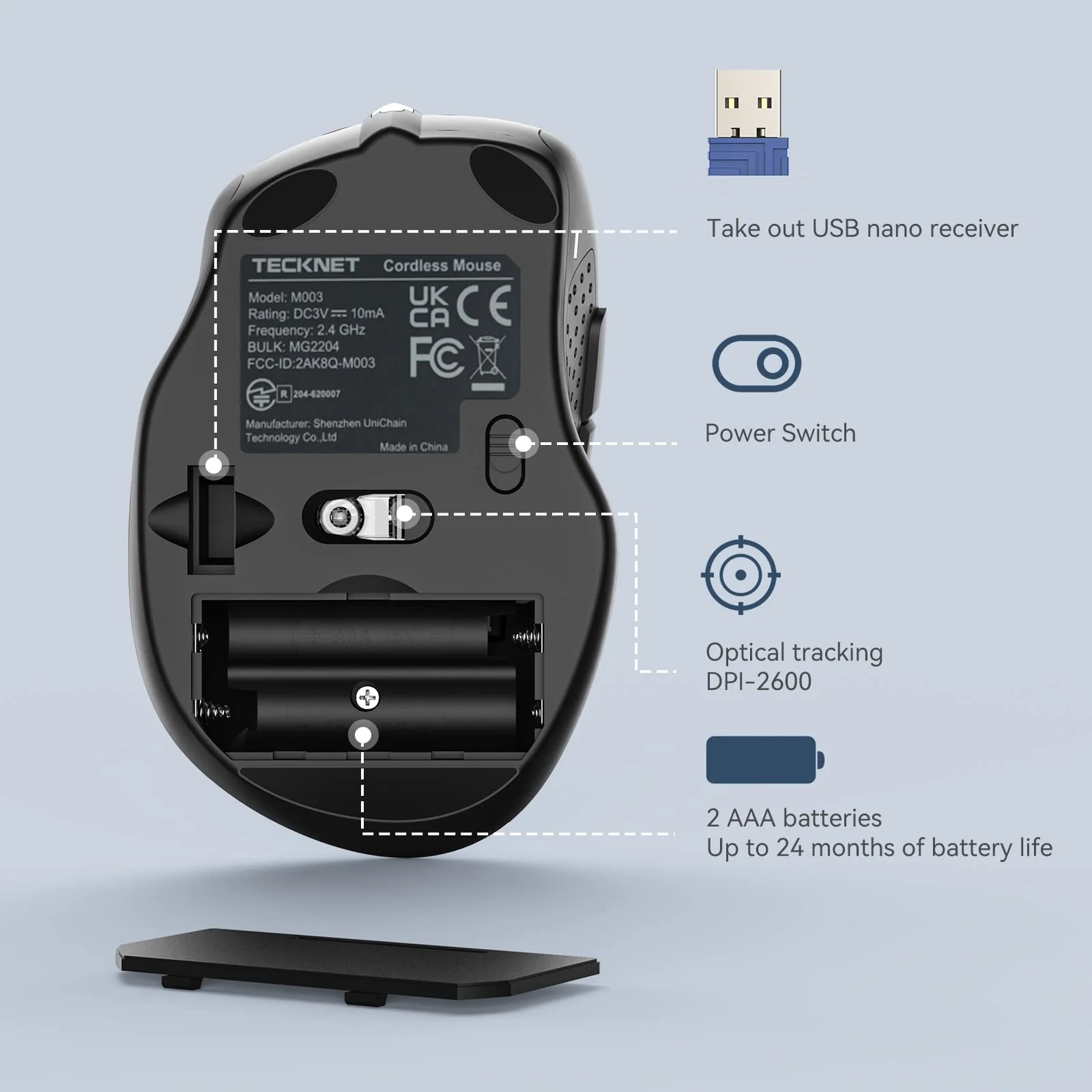 TECKNET Wireless Mouse, 2.4G Ergonomic Optical Mouse, Computer Mouse for Laptop, PC, Computer, Chromebook, Notebook, 6 Buttons, 24 Months Battery Life, 2600 DPI, 5 Adjustment Levels - Image 4