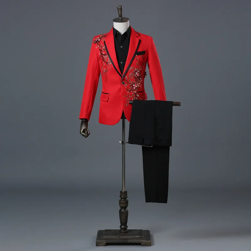 Temperament Gentleman Men's Suit Set Fashion Three Dimensional Marquetry Diamante Evening Dress Gorgeous Slim Groomsman Suits - Image 4