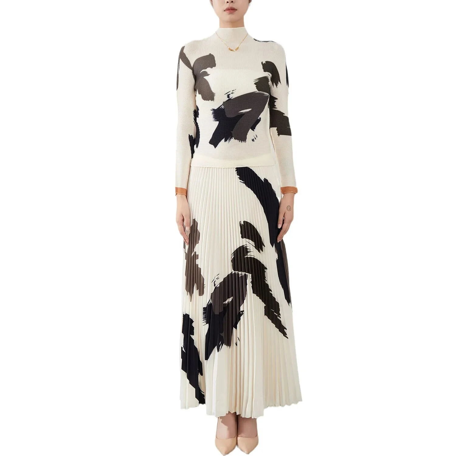 Temperament Printed High-necked Elastic Slim T-shirt+printed Joker Long Pleated Skirt Miyake Fashion Two-piece Suit 2023  Autumn - Image 4