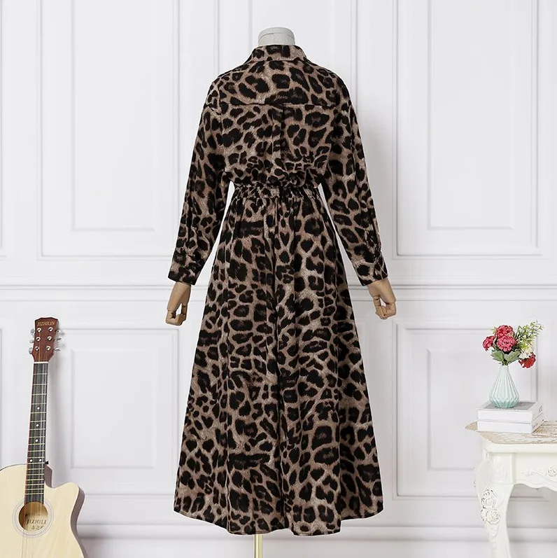 Temperament Summer Dresses for Women 2023 Fashion Leopard Print Long Sleeve Commuter Polo Large Swing long Elegant Dress Clothes - Image 2