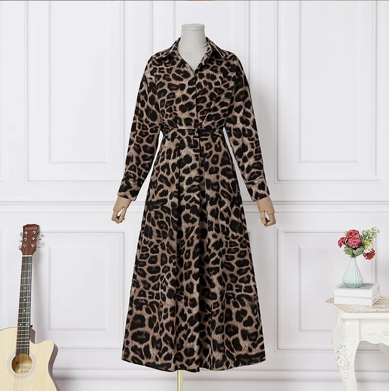 Temperament Summer Dresses for Women 2023 Fashion Leopard Print Long Sleeve Commuter Polo Large Swing long Elegant Dress Clothes - Image 3