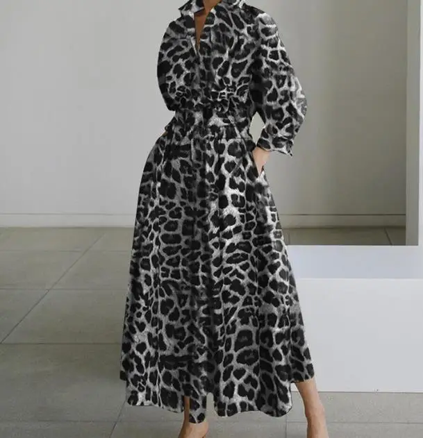 Temperament Summer Dresses for Women 2023 Fashion Leopard Print Long Sleeve Commuter Polo Large Swing long Elegant Dress Clothes - Image 4