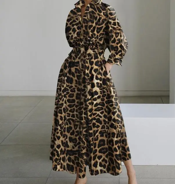Temperament Summer Dresses for Women 2023 Fashion Leopard Print Long Sleeve Commuter Polo Large Swing long Elegant Dress Clothes - Image 5