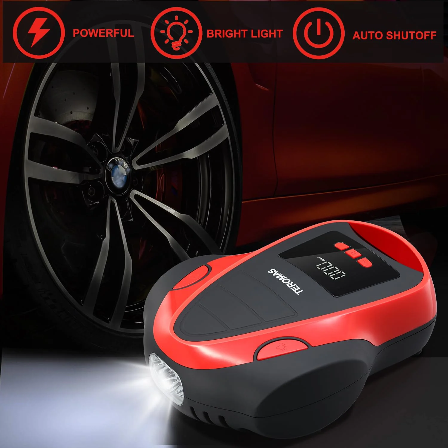 TEROMAS Tire Inflator Air Compressor, Portable DC/AC Air Pump for Car Tires 12V DC and Other Inflatables at Home 110V AC, Digital Electric Tire Pump with Pressure Gauge (Red) - Image 2
