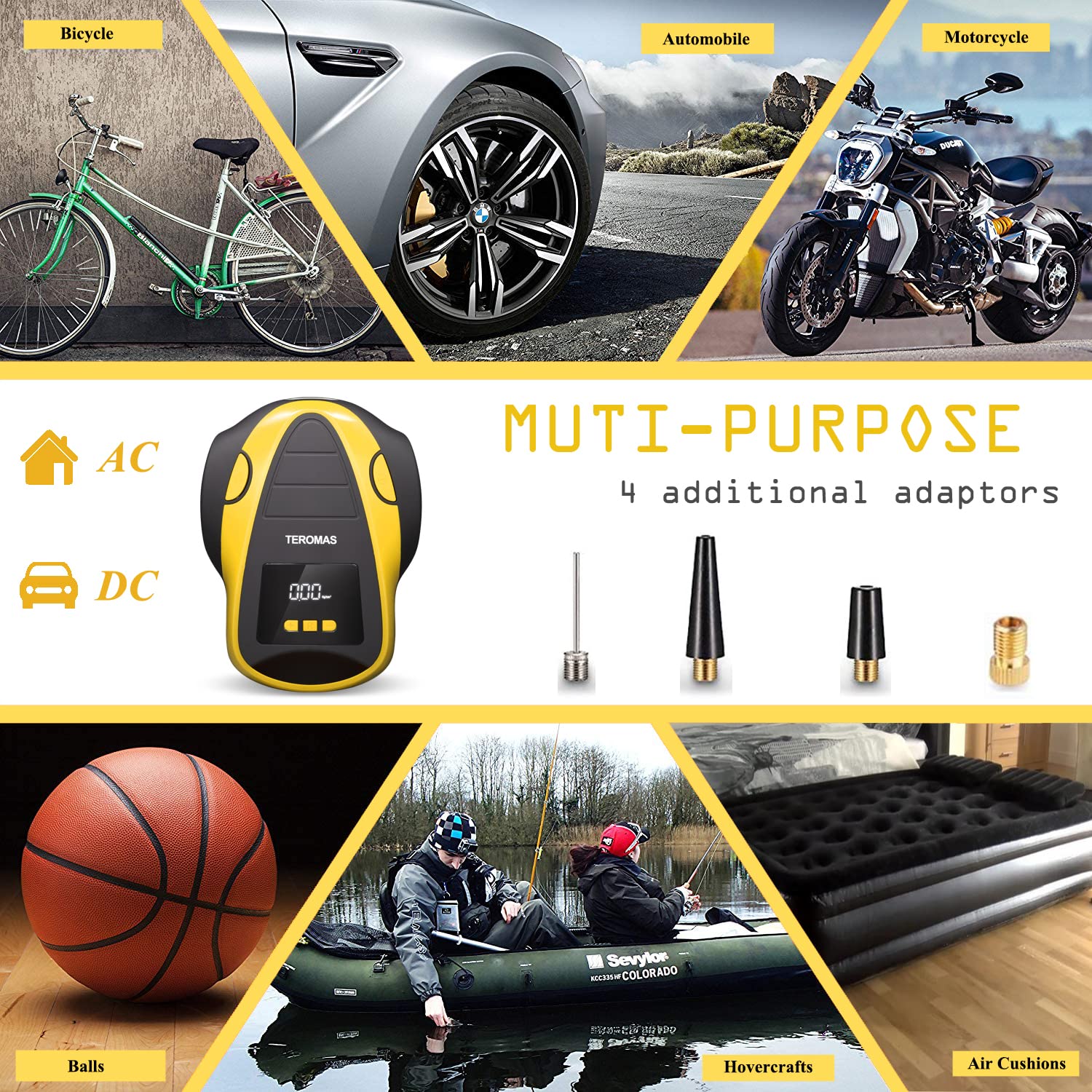 TEROMAS Tire Inflator Portable Air Compressor, 12V DC/110V AC Air Pump for Car Tires and Other Inflatables at Home, Digital Electric Tire Pump with Pressure Gauge(Yellow) - Image 5