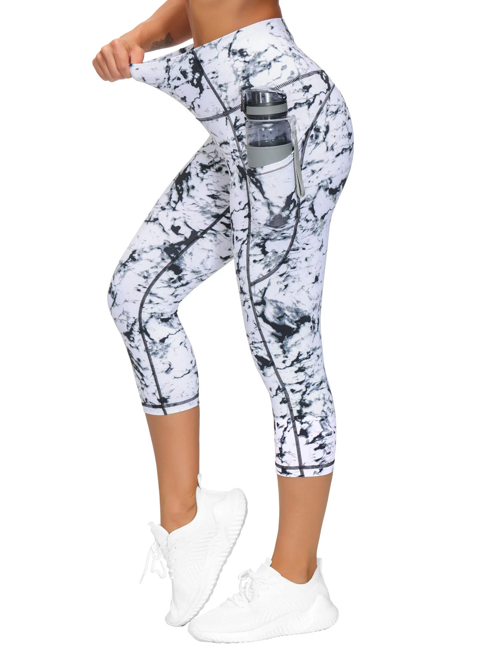 THE GYM PEOPLE Thick High Waist Yoga Pants with Pockets, Tummy Control Workout Running Yoga Leggings for Women (Small, Z- Capris Marble) - Image 6
