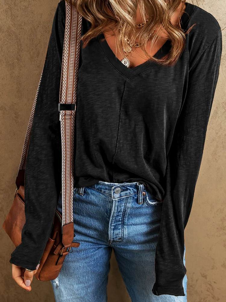 Thin V-neck Fashion Loose Breathable Pure Color Long Sleeves T-shirt - Image 2