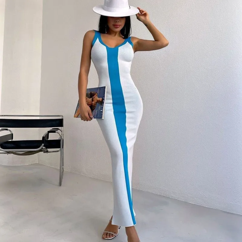Thorn Tree Patchwork Long Maxi Dress Sexy Sleeveless Strap Knitted Bodycon Tank Dress Women Back Split Pencil Dress Party Office - Image 10