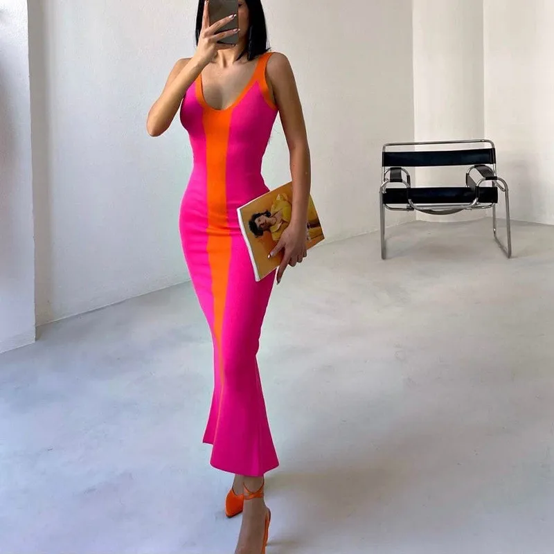 Thorn Tree Patchwork Long Maxi Dress Sexy Sleeveless Strap Knitted Bodycon Tank Dress Women Back Split Pencil Dress Party Office - Image 11
