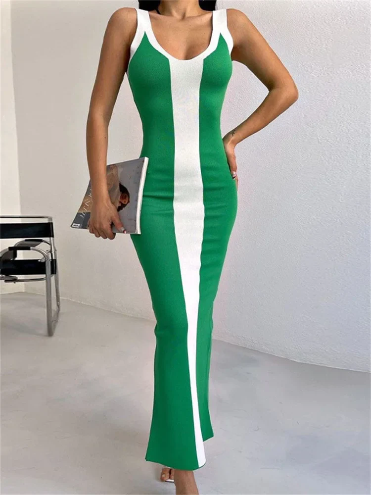 Thorn Tree Patchwork Long Maxi Dress Sexy Sleeveless Strap Knitted Bodycon Tank Dress Women Back Split Pencil Dress Party Office - Image 2