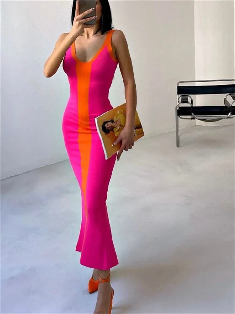 Thorn Tree Patchwork Long Maxi Dress Sexy Sleeveless Strap Knitted Bodycon Tank Dress Women Back Split Pencil Dress Party Office - Image 5