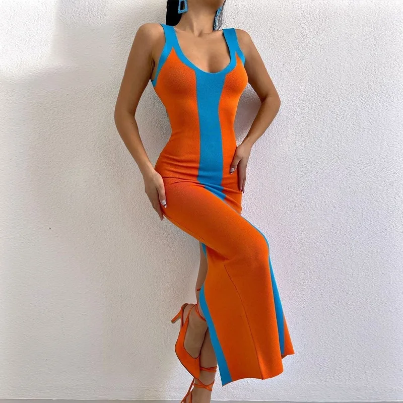 Thorn Tree Patchwork Long Maxi Dress Sexy Sleeveless Strap Knitted Bodycon Tank Dress Women Back Split Pencil Dress Party Office - Image 8