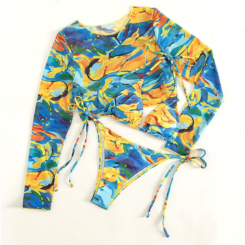 Three-Piece Swimsuit with Chest Pad Triangle Split Swimsuit Shoelace Bikini Long Sleeve Blouse Slim and Sexy Bikini - Image 5