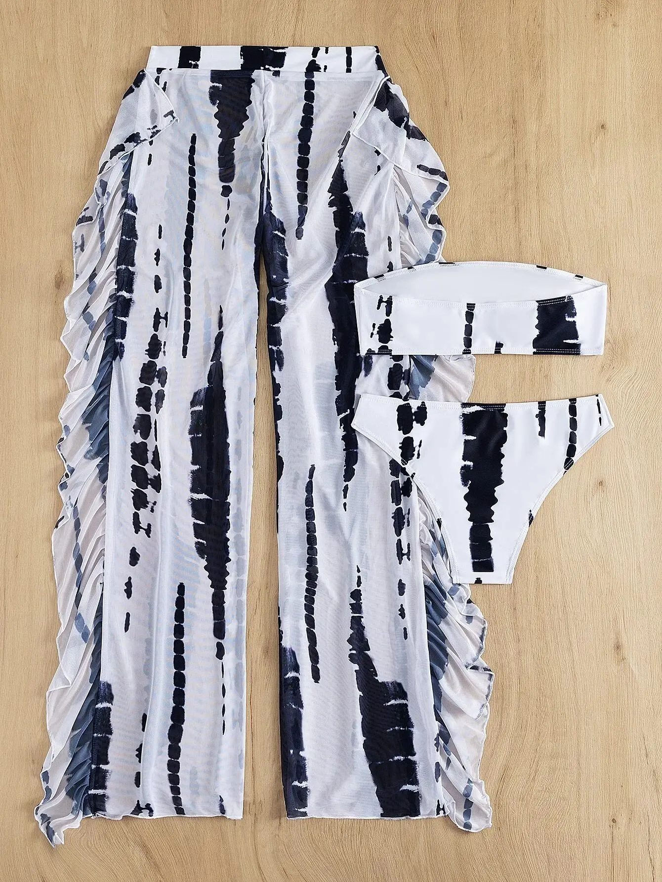 Three Pieces Tie Dye Bandeau Bikini Women Swimsuit with Ruffle Beach Pants 2022 Summer Beach Bathing Suit Bikini Set - Image 3