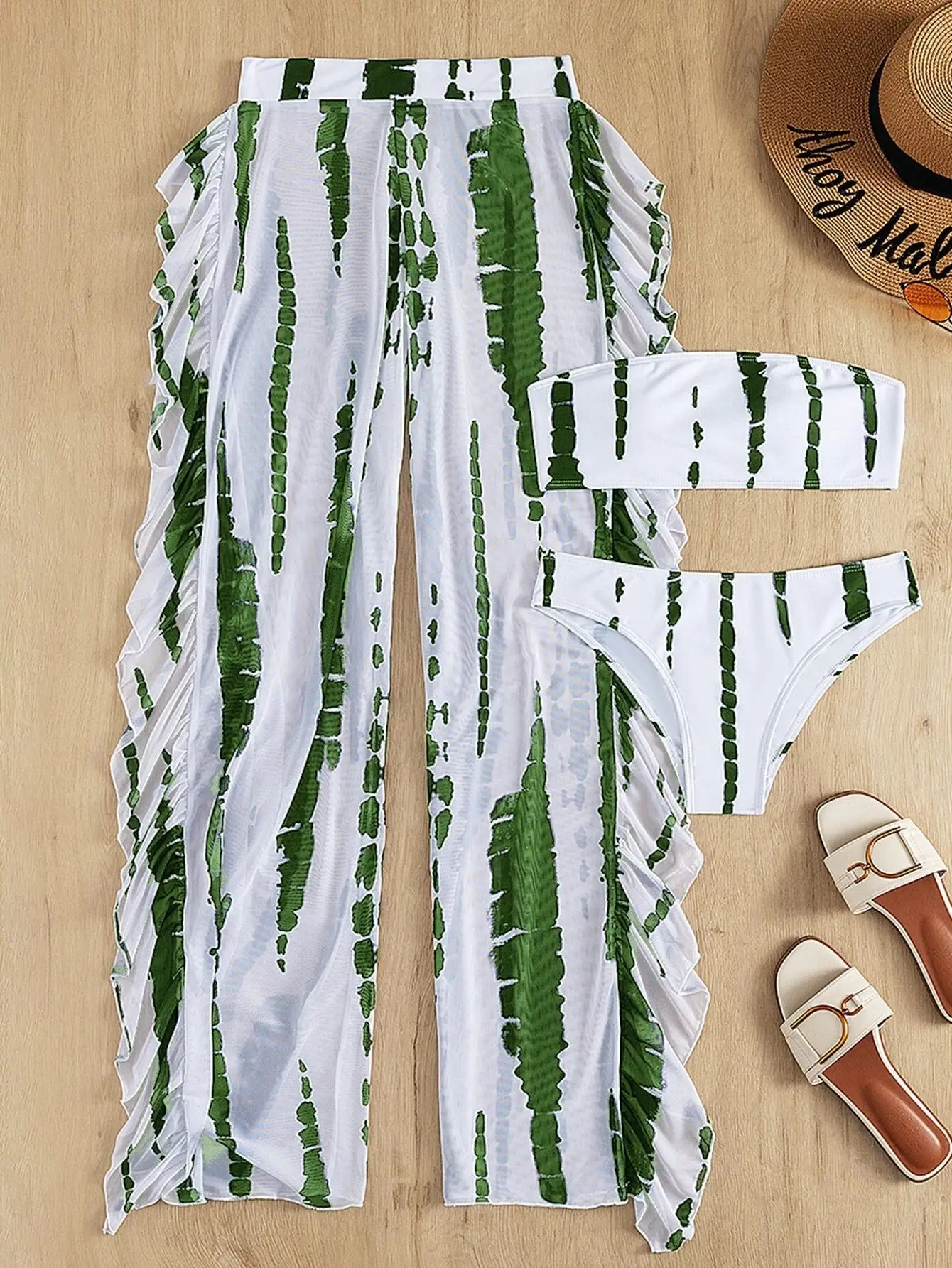 Three Pieces Tie Dye Bandeau Bikini Women Swimsuit with Ruffle Beach Pants 2022 Summer Beach Bathing Suit Bikini Set - Image 6