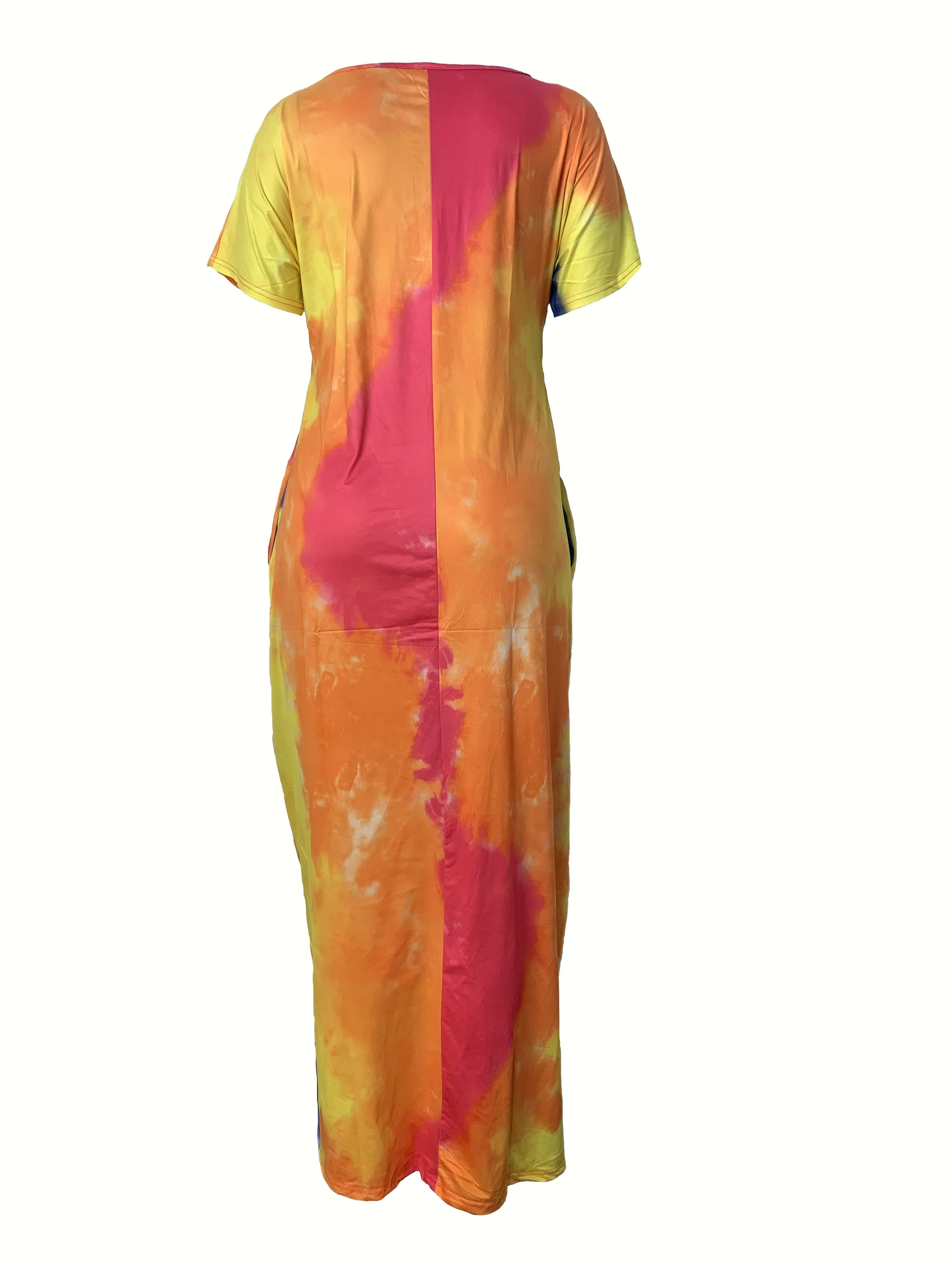 [Tie Dye Maxi Dress] Elegant Plus Size Maxi Dress | Women's Tie Dye Print Short Sleeve with Pocket, Medium Stretch Long Dress - Image 10