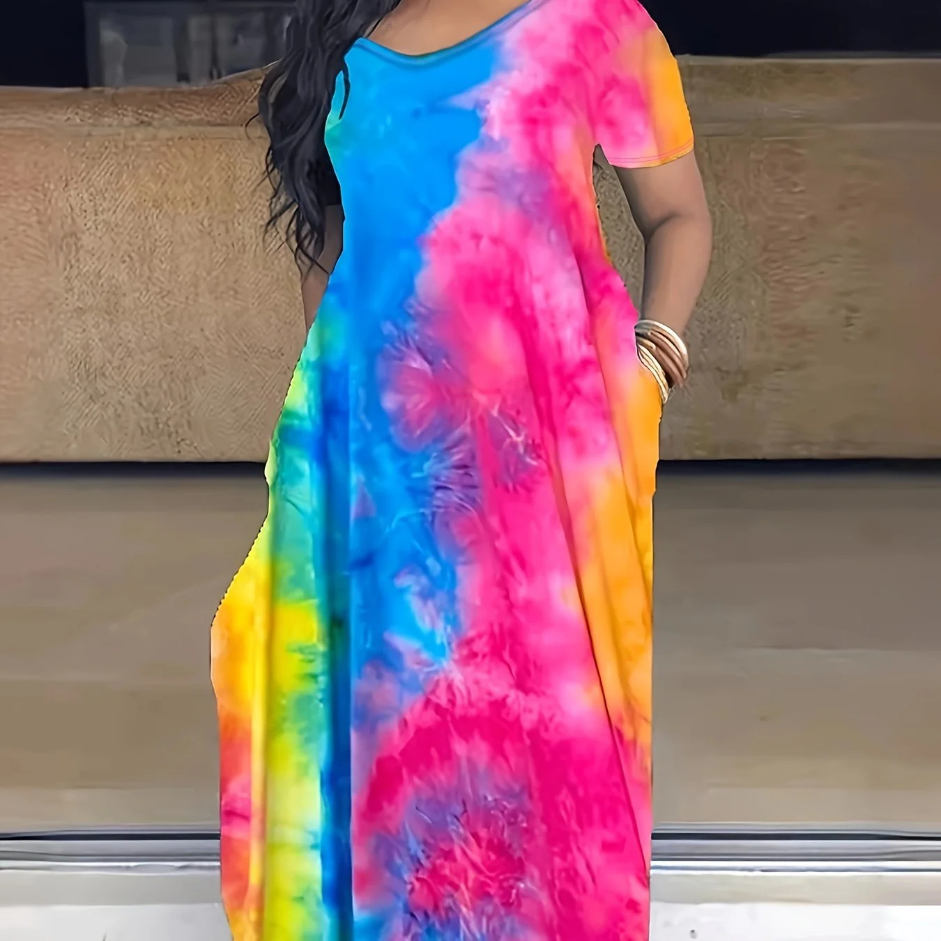 [Tie Dye Maxi Dress] Elegant Plus Size Maxi Dress | Women's Tie Dye Print Short Sleeve with Pocket, Medium Stretch Long Dress - Image 12