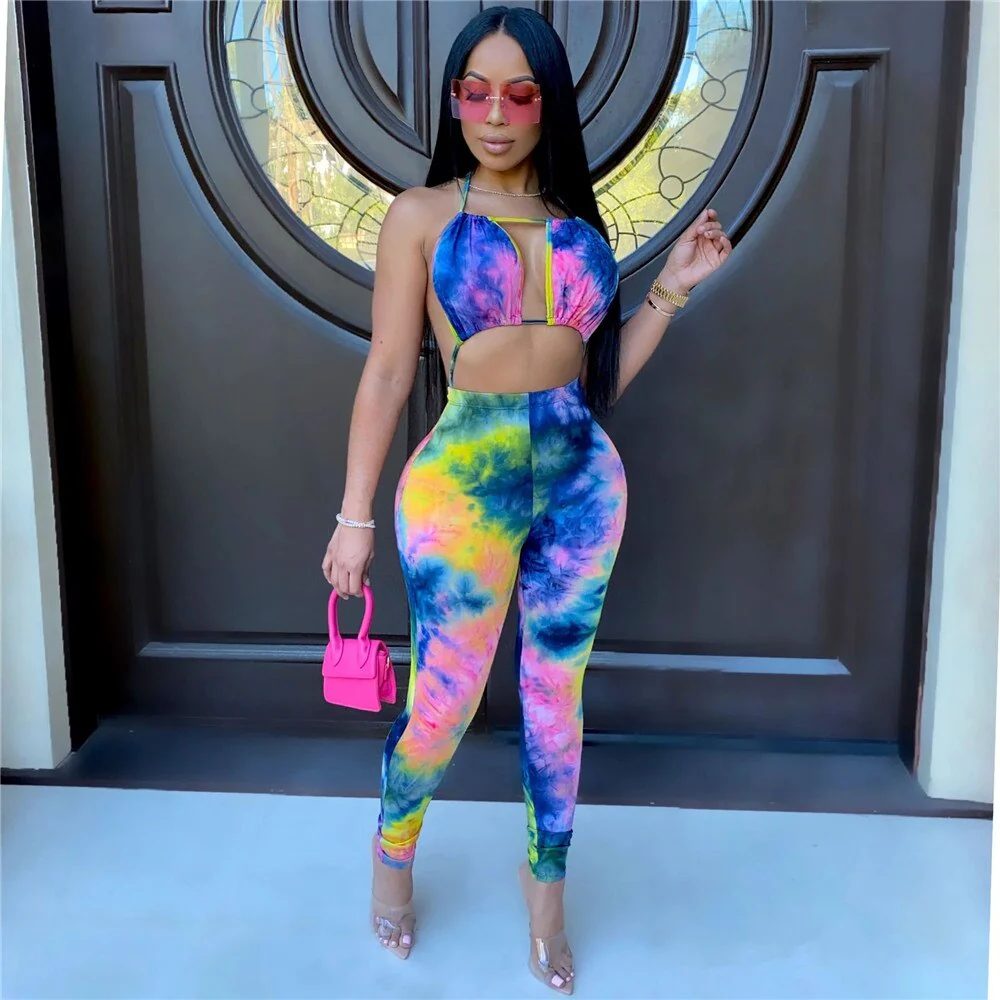 Tie Dye Print Sexy Jumpsuit Clubwear Women Rompers Halter Hollow Out Backless Party Bodycon Overalls for Women Macacao Feminino - Image 11