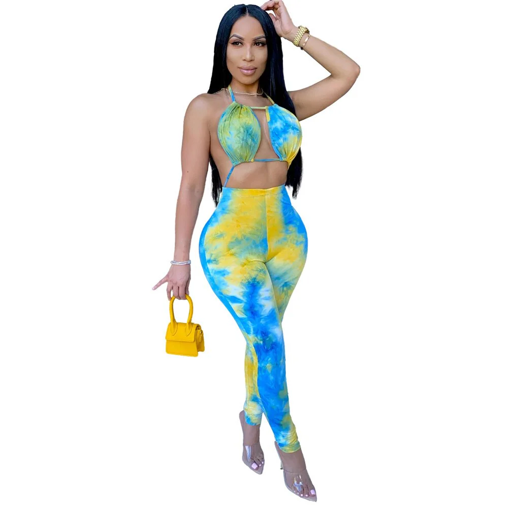 Tie Dye Print Sexy Jumpsuit Clubwear Women Rompers Halter Hollow Out Backless Party Bodycon Overalls for Women Macacao Feminino - Image 2