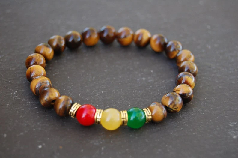 Tiger Eye Rasta Bracelet, Gem 8mm Beads, Red and Green topaz, Reggae Bracelet, Good Luck, Men, women, Tiger Eye Bracelet - Image 2