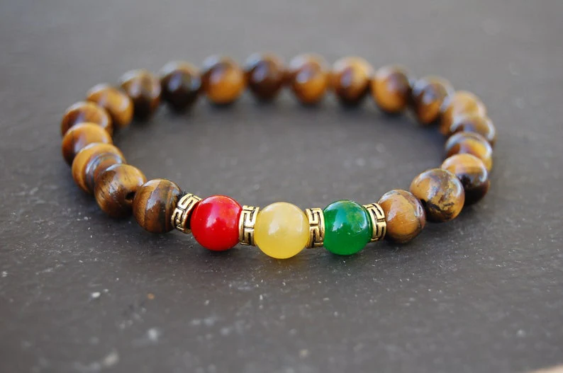 Tiger Eye Rasta Bracelet, Gem 8mm Beads, Red and Green topaz, Reggae Bracelet, Good Luck, Men, women, Tiger Eye Bracelet - Image 4
