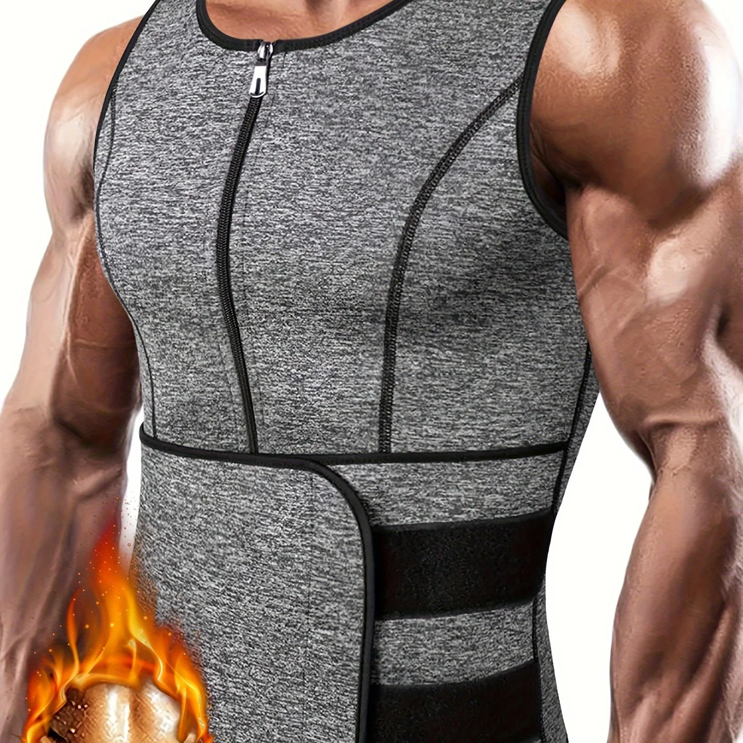 TKPARK Men's Adjustable Compression Tank Top & Waist Trainer - High-Elasticity Workout Shirt with Back Support, Sleeveless Gym Shaper Vest, Zipper Closure & Belt for Fitness Training, Fitness Compression Wear | Sleeveless Tan - Image 11