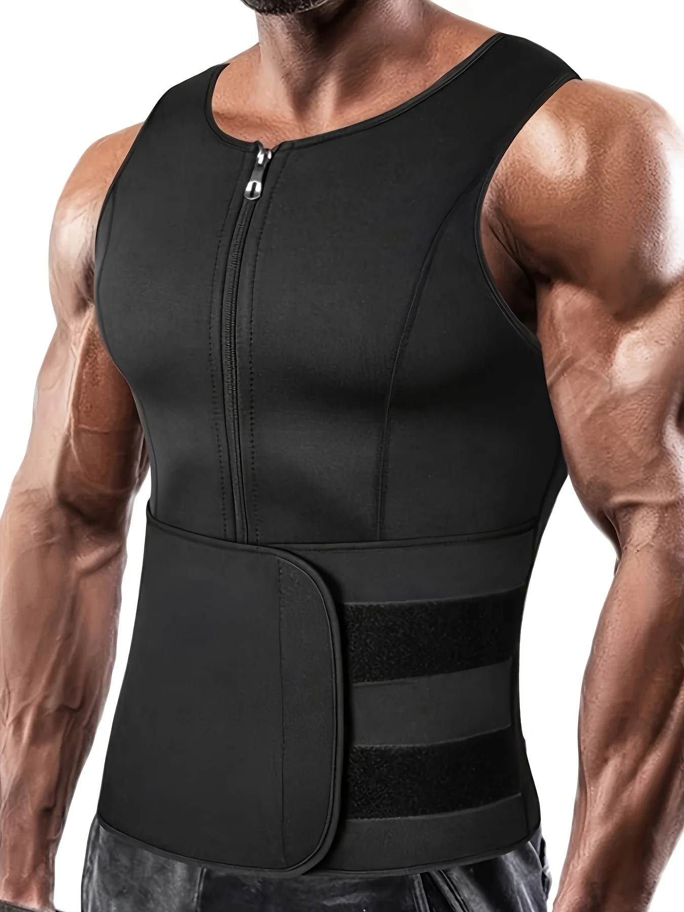 TKPARK Men's Adjustable Compression Tank Top & Waist Trainer - High-Elasticity Workout Shirt with Back Support, Sleeveless Gym Shaper Vest, Zipper Closure & Belt for Fitness Training, Fitness Compression Wear | Sleeveless Tan - Image 9