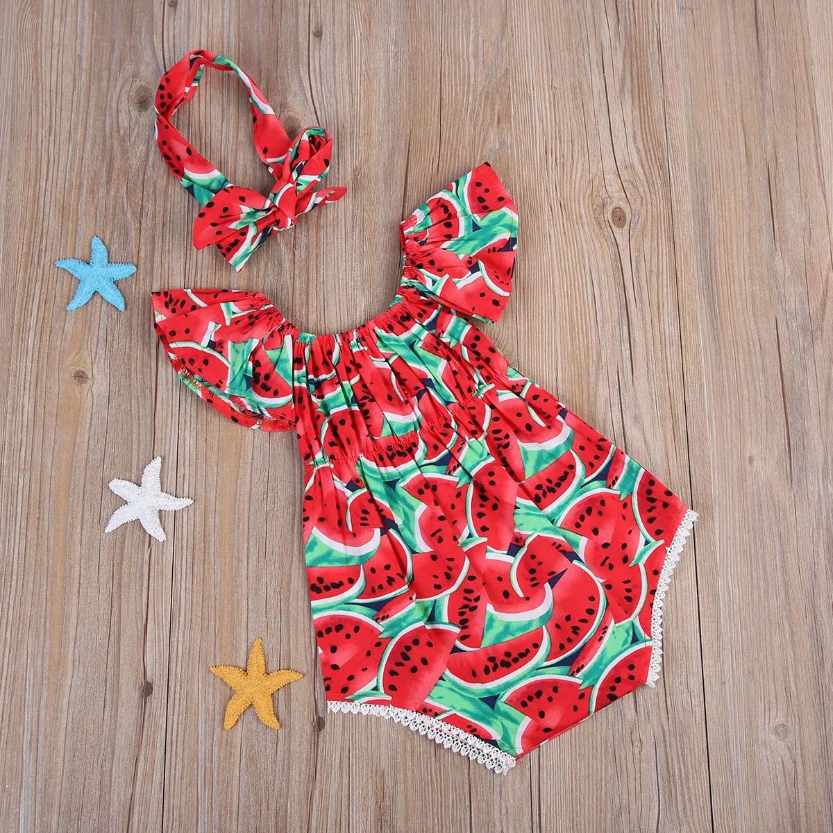 Toddler Infant Baby Girls Ropmers Cute Watermelon Ruffles Short Sleeve Bodysuit+Headband 2pcs Outfits Sets Lovely Summer Outfits - Image 4