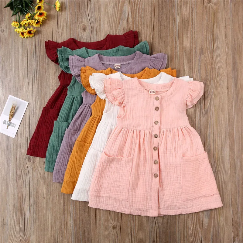 Toddler Kid Baby Girl Summer Dress Ruffles Sleeves Cotton Linen Party Children Girls Casual Button Pocket Dress Sundress Clothes - Image 2