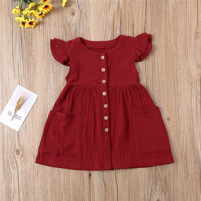 Toddler Kid Baby Girl Summer Dress Ruffles Sleeves Cotton Linen Party Children Girls Casual Button Pocket Dress Sundress Clothes - Image 4