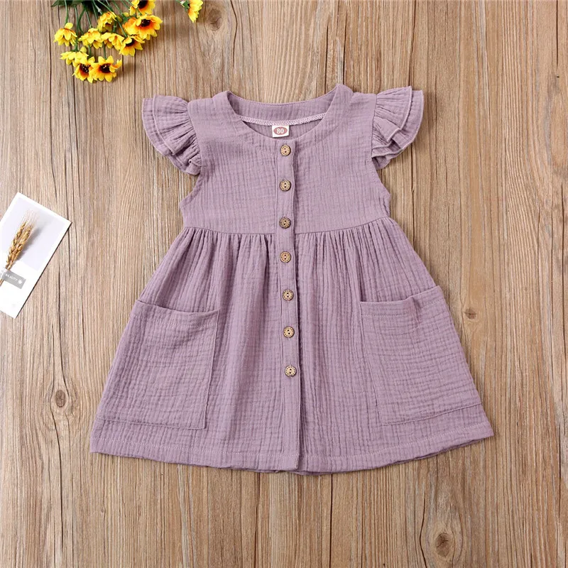 Toddler Kid Baby Girl Summer Dress Ruffles Sleeves Cotton Linen Party Children Girls Casual Button Pocket Dress Sundress Clothes - Image 5