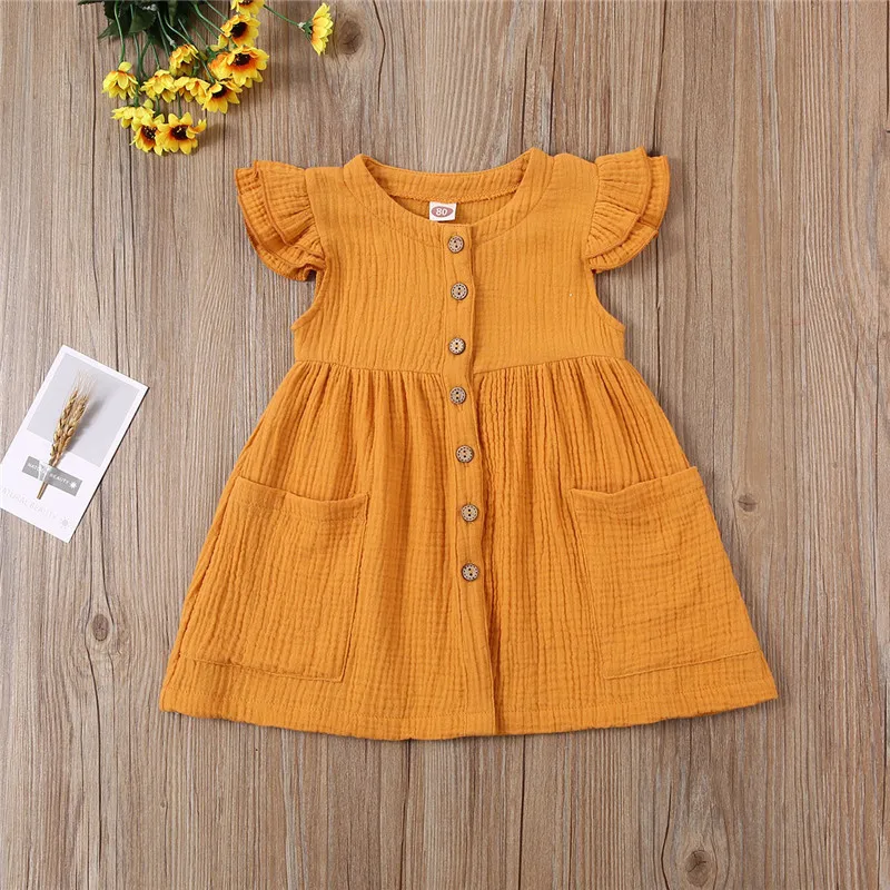 Toddler Kid Baby Girl Summer Dress Ruffles Sleeves Cotton Linen Party Children Girls Casual Button Pocket Dress Sundress Clothes - Image 7
