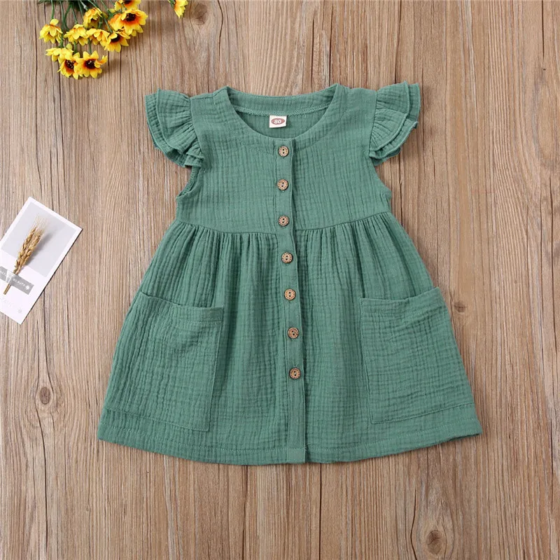 Toddler Kid Baby Girl Summer Dress Ruffles Sleeves Cotton Linen Party Children Girls Casual Button Pocket Dress Sundress Clothes - Image 9