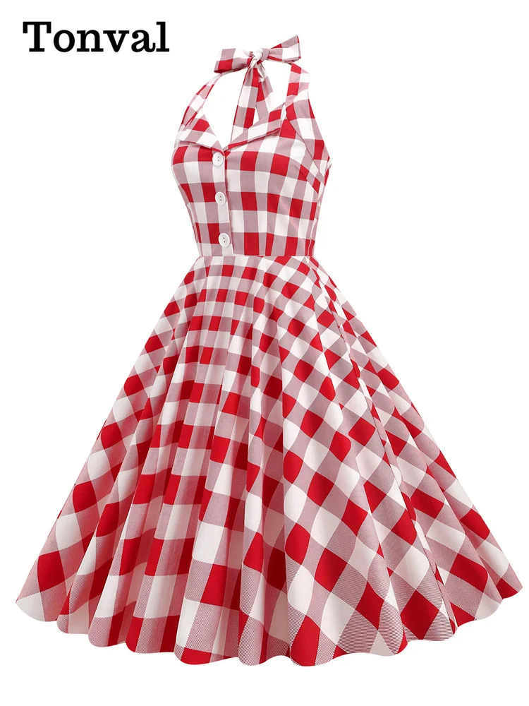 Tonval Gingham 50s Style Red Plaid Rockabilly Vintage Dresses for Women Button Front Halter Party Elegant Backless Dress - Image 2
