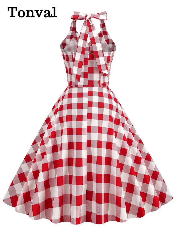Tonval Gingham 50s Style Red Plaid Rockabilly Vintage Dresses for Women Button Front Halter Party Elegant Backless Dress - Image 3