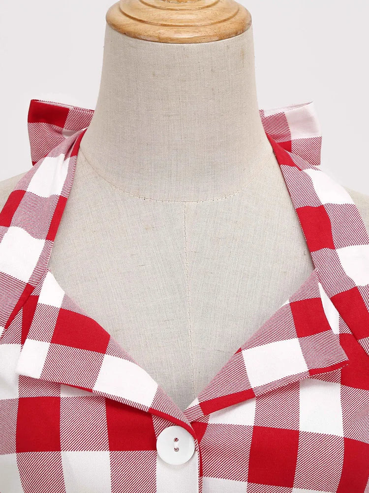 Tonval Gingham 50s Style Red Plaid Rockabilly Vintage Dresses for Women Button Front Halter Party Elegant Backless Dress - Image 4