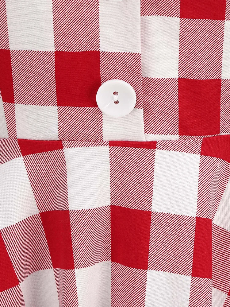 Tonval Gingham 50s Style Red Plaid Rockabilly Vintage Dresses for Women Button Front Halter Party Elegant Backless Dress - Image 5