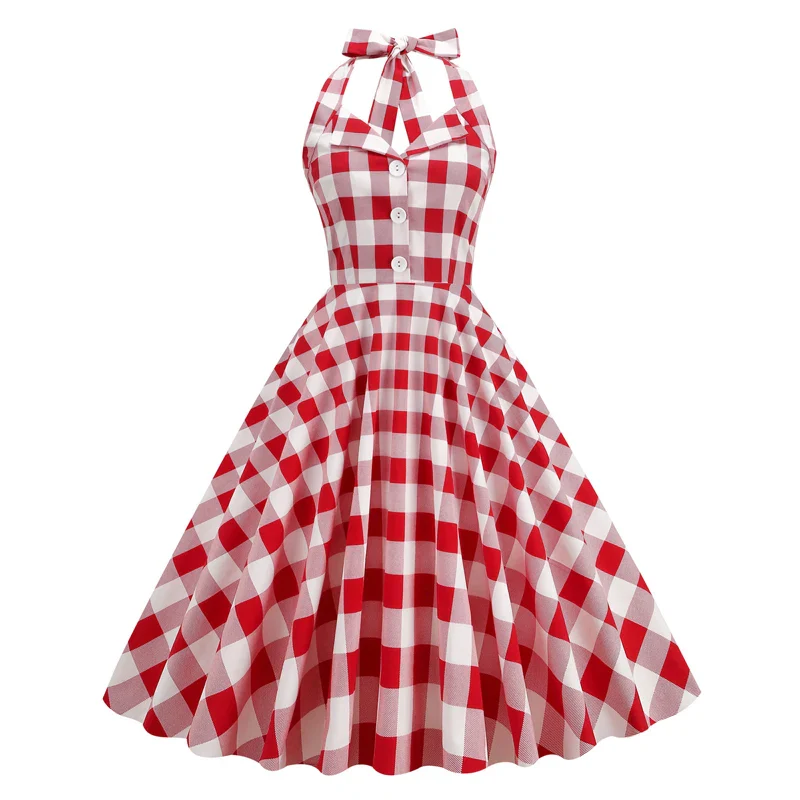 Tonval Gingham 50s Style Red Plaid Rockabilly Vintage Dresses for Women Button Front Halter Party Elegant Backless Dress - Image 7