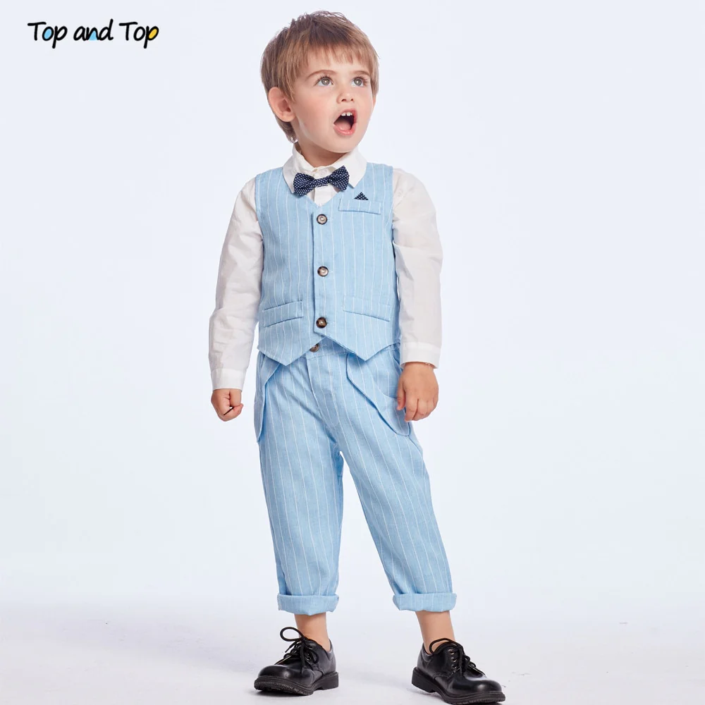 Top and Top Spring&Autumn Baby Boy Gentleman Suit White Shirt with Bow Tie+Striped Vest+Trousers 3Pcs Formal Kids Clothes Set - Image 10
