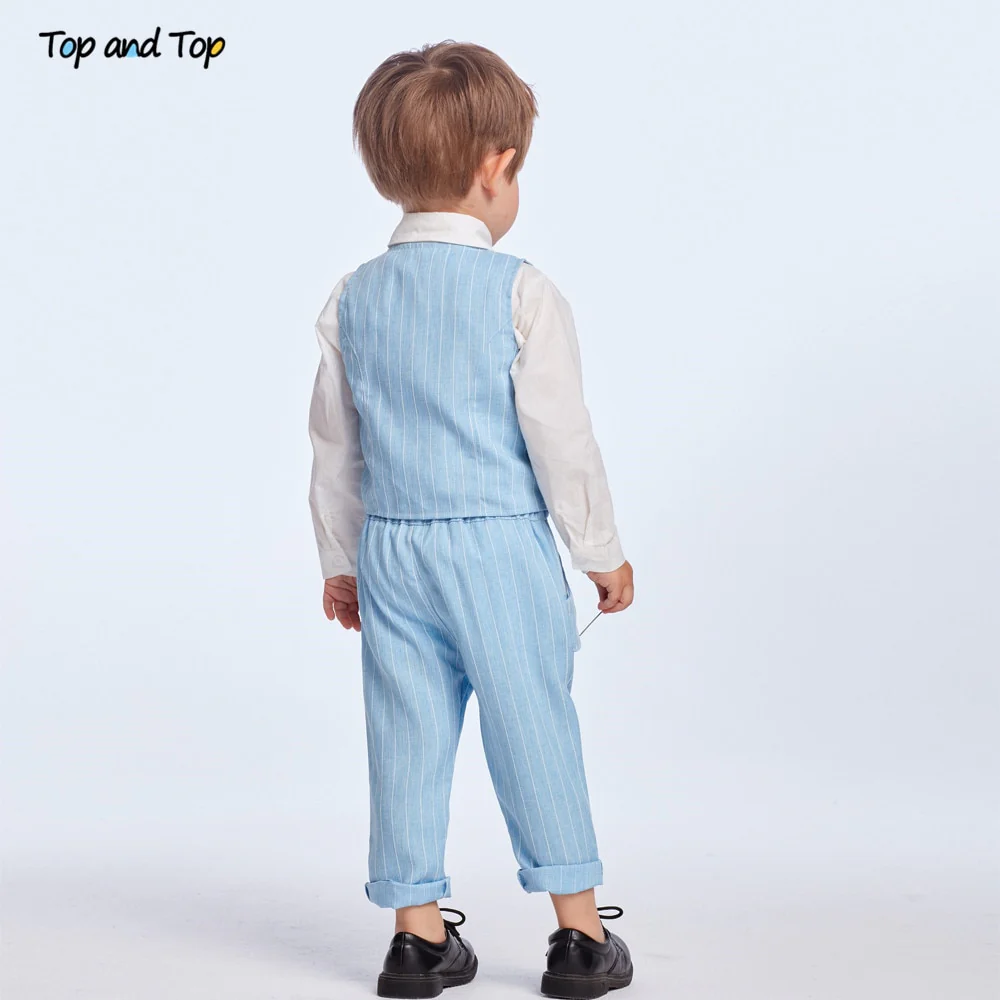 Top and Top Spring&Autumn Baby Boy Gentleman Suit White Shirt with Bow Tie+Striped Vest+Trousers 3Pcs Formal Kids Clothes Set - Image 11
